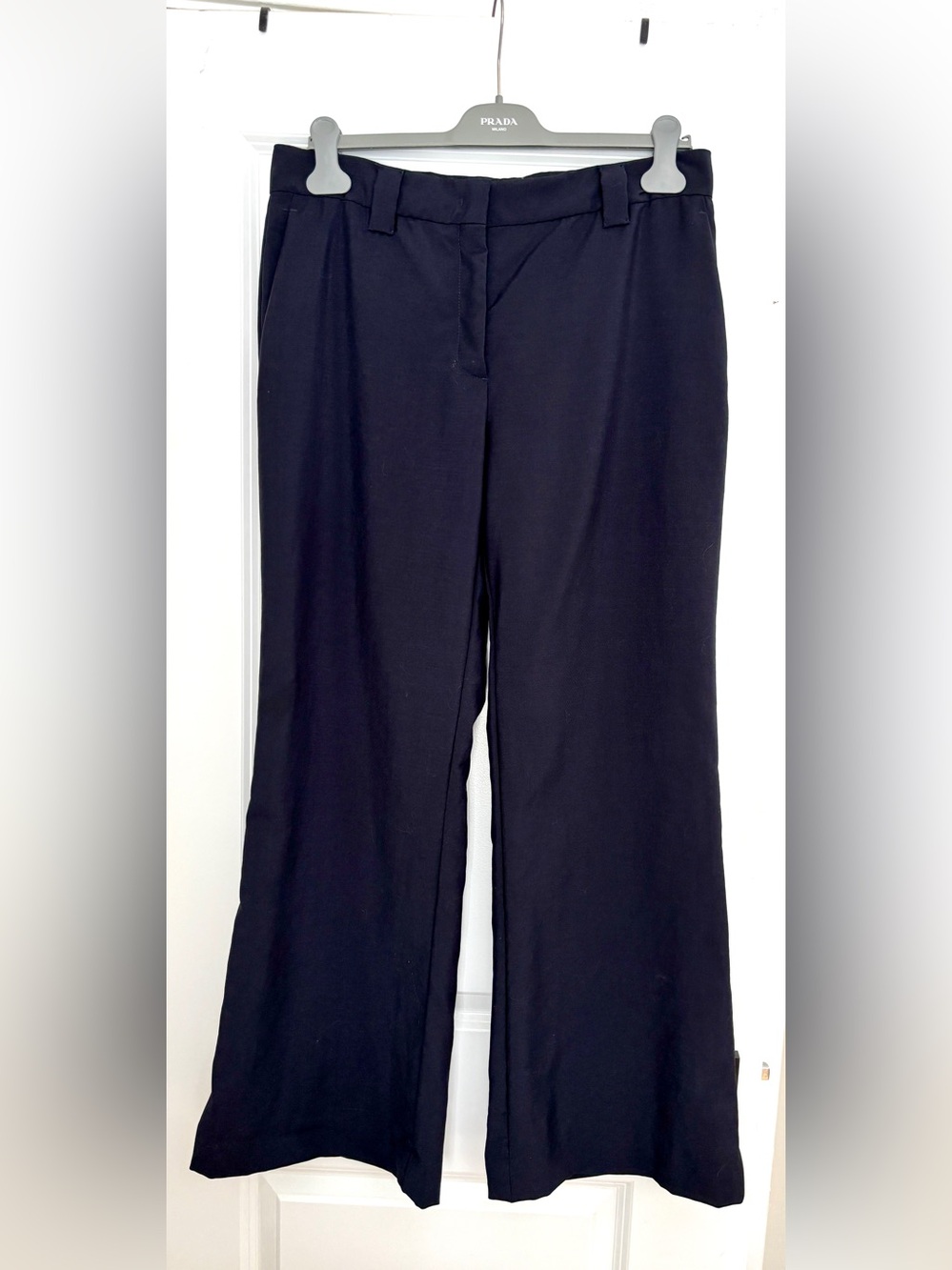 Prada Navy Mid-Rise Wide-Leg Lightweight Mohair Trouser Pant